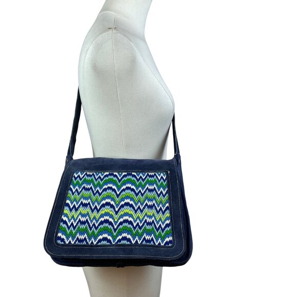 Handcrafted Navy Blue Suede With Chevron Pattern Front Panel Crossbody Bag - Picture 2 of 9